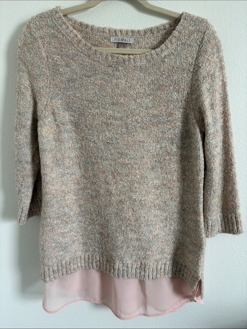 Beige-Pink Mixed Knit Crewneck Sweater with Chiffon Hem